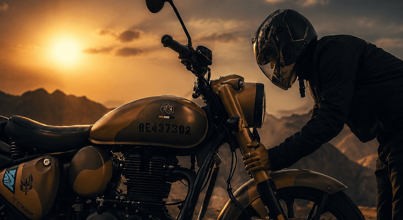 Solo on the Royal Enfield, somewhere in the hills at dusk